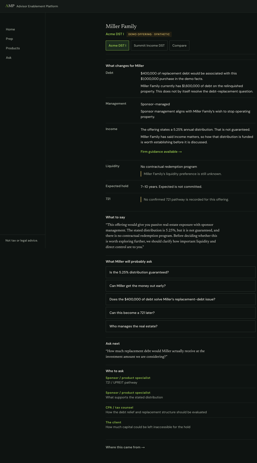The Advisor Enablement Platform showing Miller Family with Acme DST I: what changes for Miller, what to say, and the questions the client will probably ask