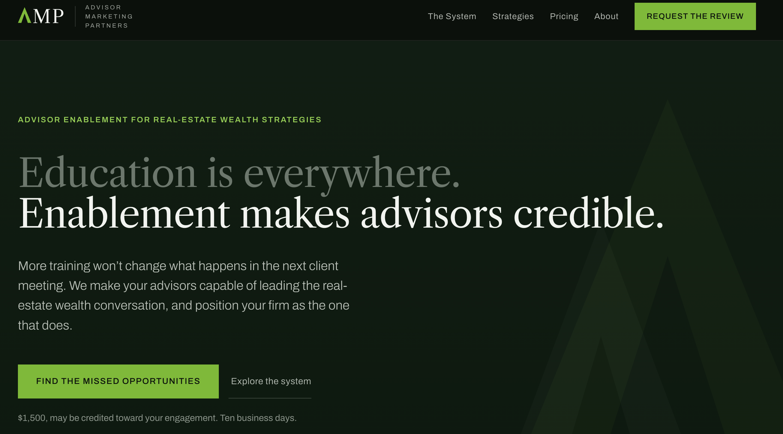 The Advisor Marketing Partners website, headlined Education is everywhere. Enablement makes advisors credible.