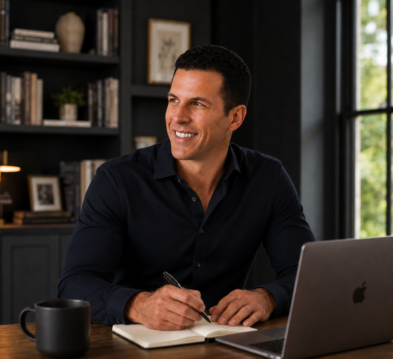 Mike Auerbach at his desk, writing in a notebook beside a laptop