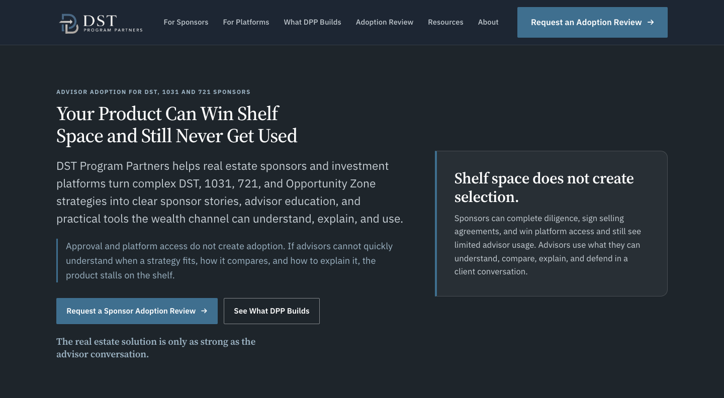 The DST Program Partners website, headlined Your product can win shelf space and still never get used